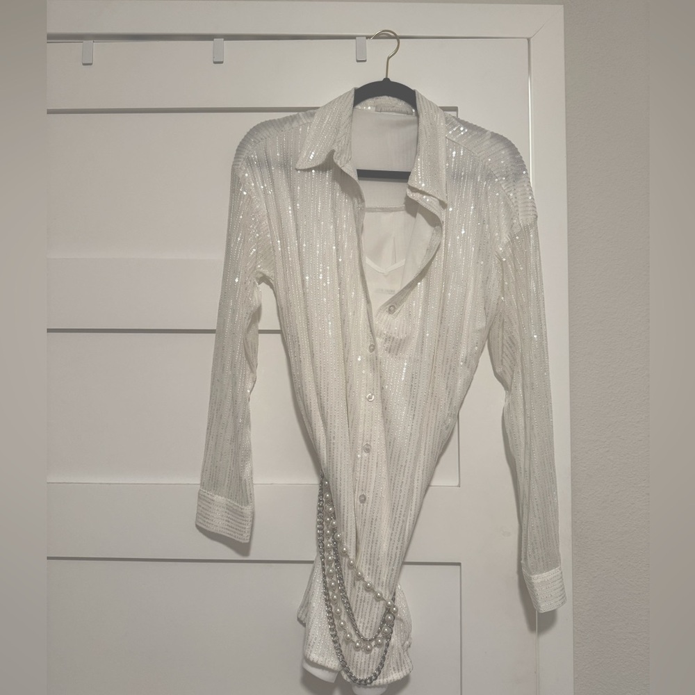 12th Tribe Unstoppable White Sequin Mini Dress & Mini Pearl & Silver Chain Belt